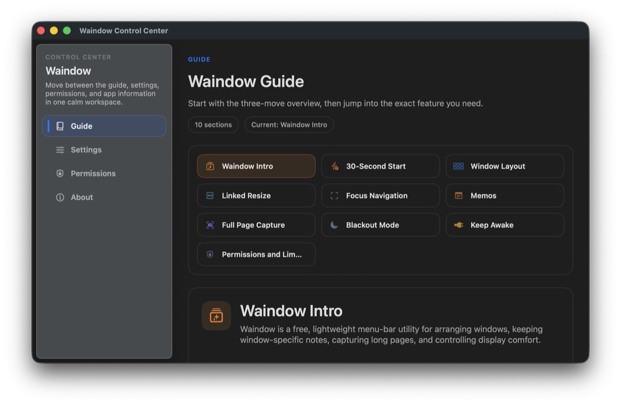 Waindow Control Center feature guide