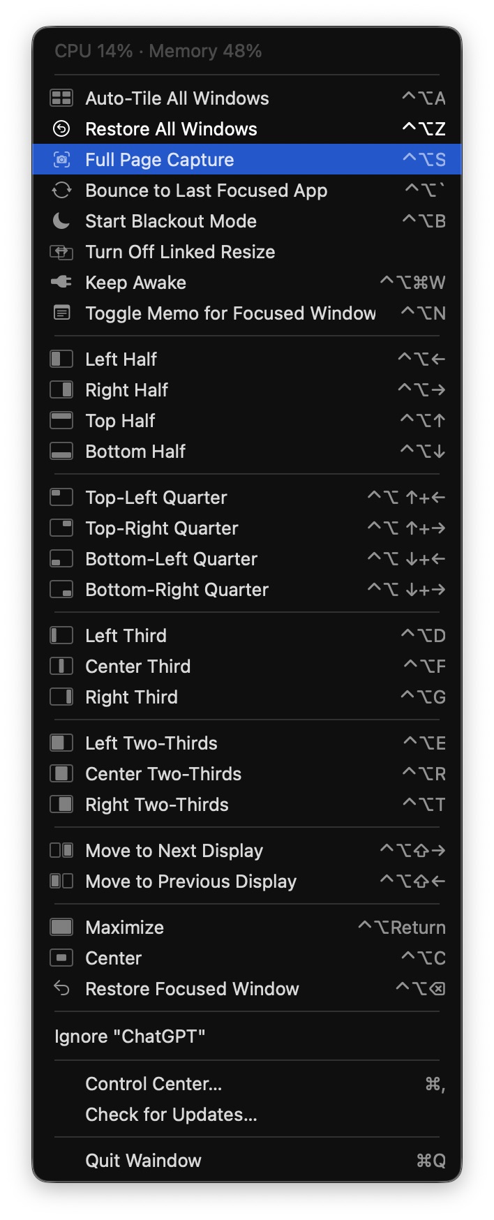 Actual Waindow menu showing Toggle Memo for Focused Window and its shortcut