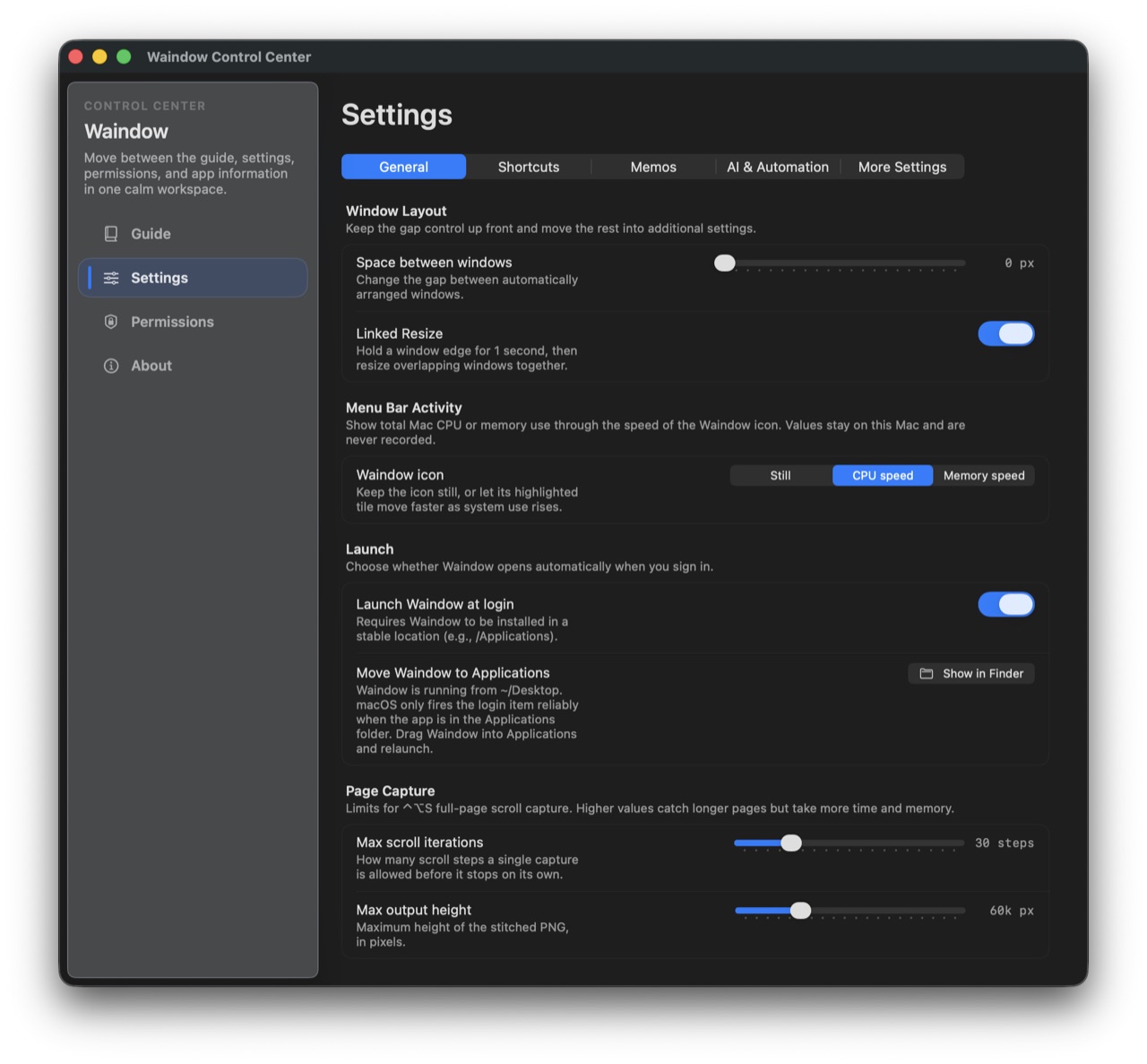 Waindow settings showing window layout, Linked Resize, activity icon, launch, and capture controls